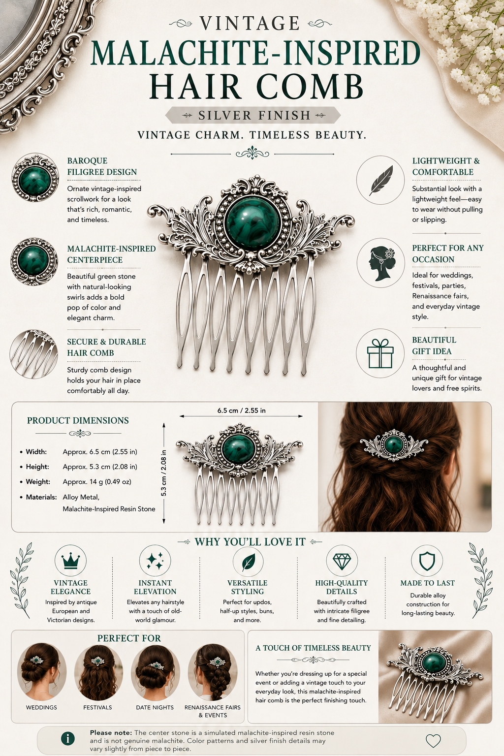 Vintage Malachite-Inspired Hair Comb - Silver