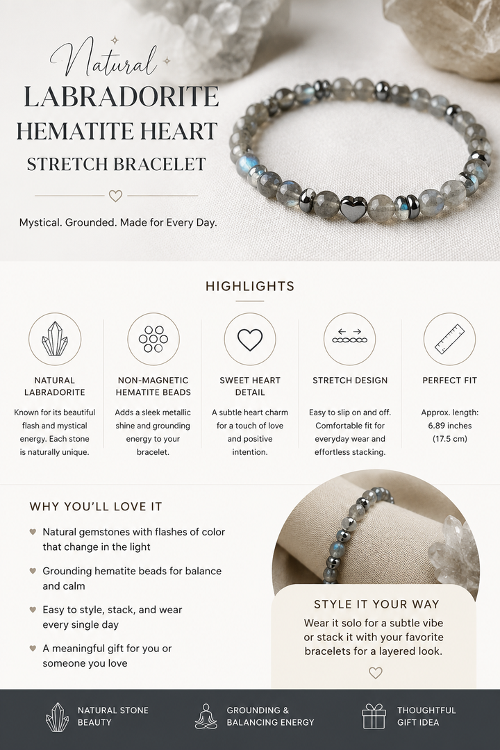 Natural Labradorite &amp;amp; Hematite Heart Stretch Bracelet
