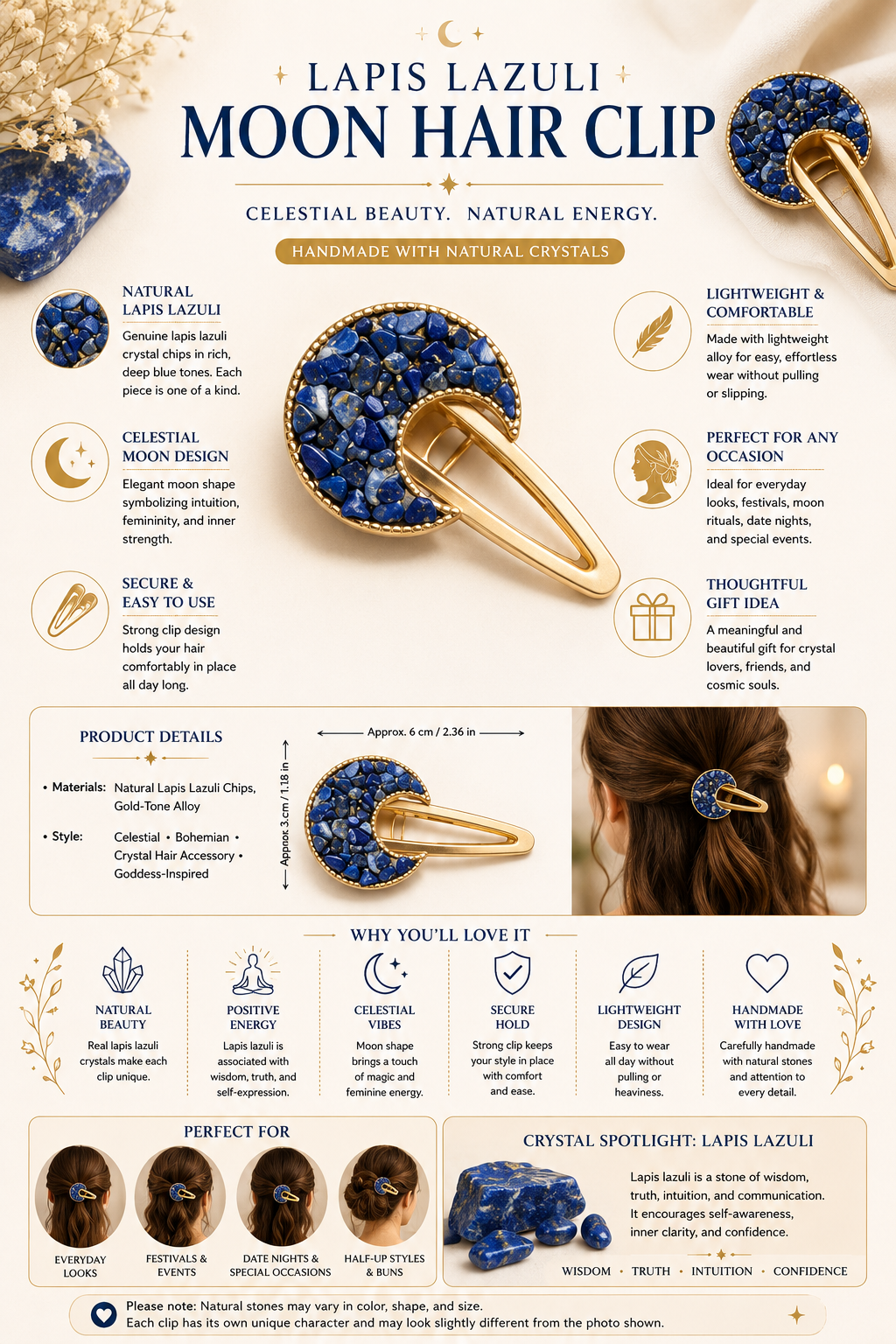 Lapis Lazuli Moon Hair Clip
