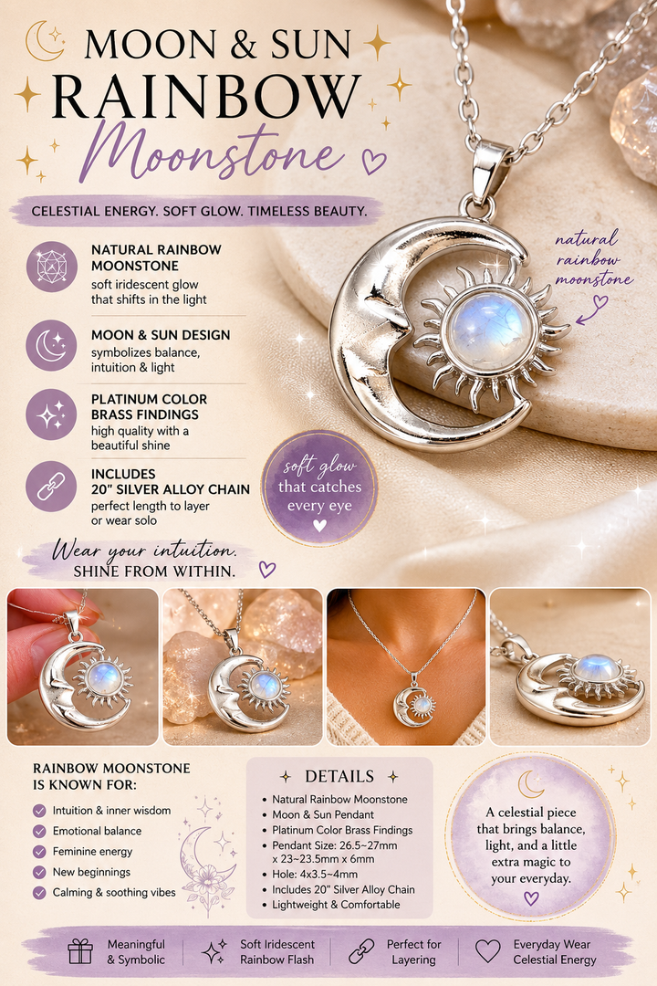 Rainbow Moonstone Moon &amp; Sun Necklace