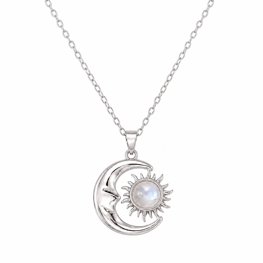 Rainbow Moonstone Moon &amp; Sun Necklace