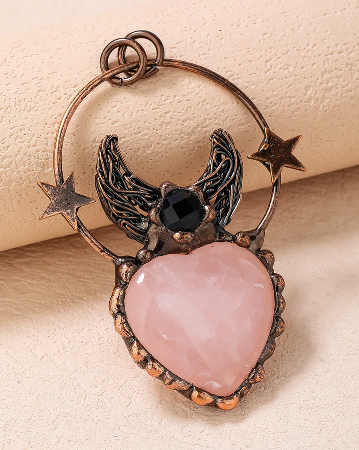 Rose Quartz &amp; Labradorite Winged Heart Relic Necklace