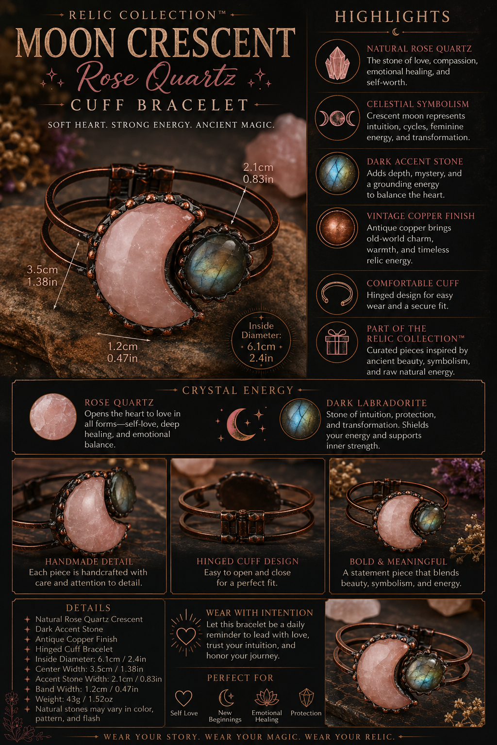 Moon Crescent Rose Quartz Cuff Bracelet