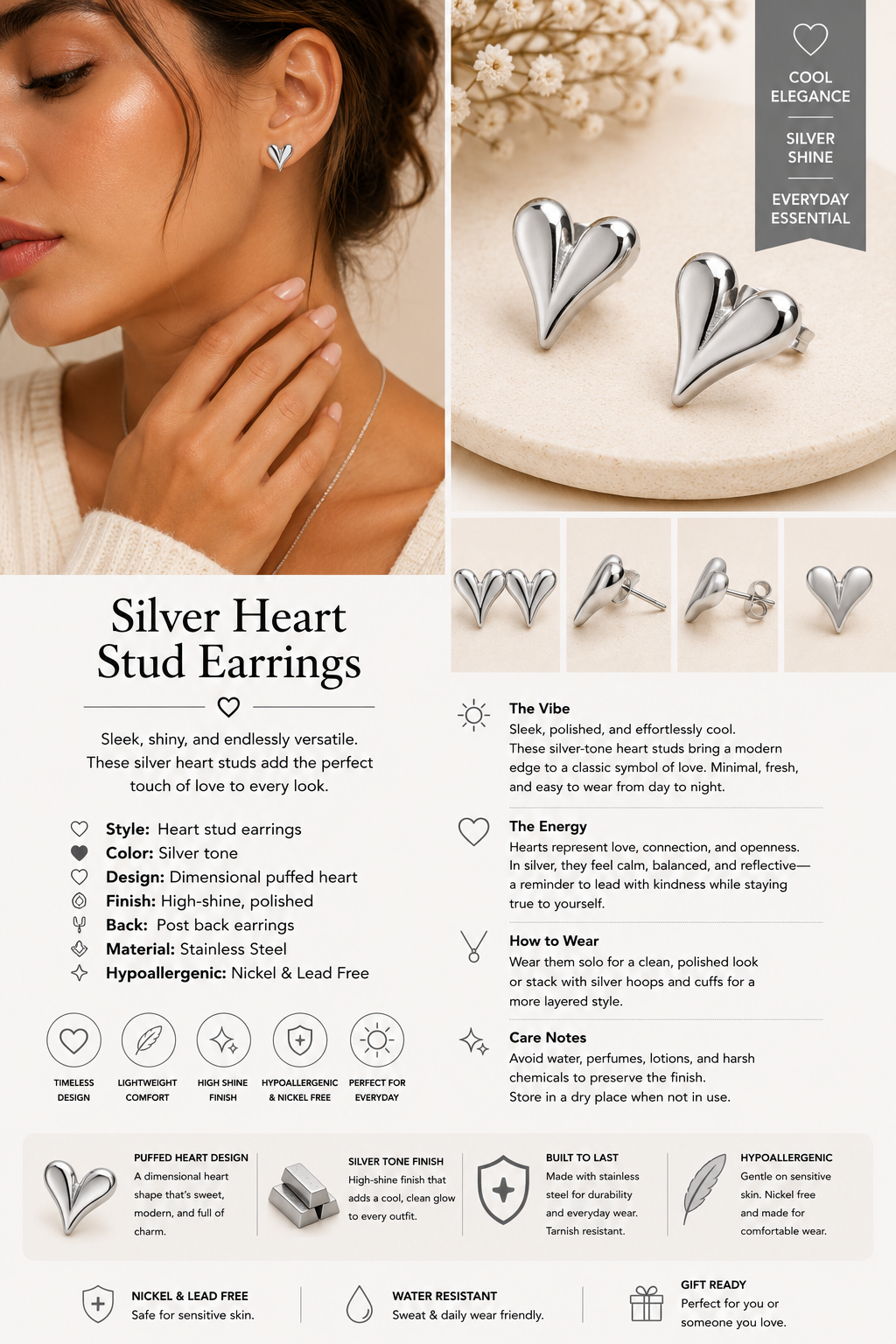 Silver Heart Stud Earrings