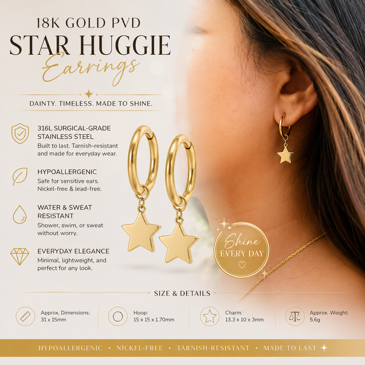 18K Gold PVD Star Huggie Earrings