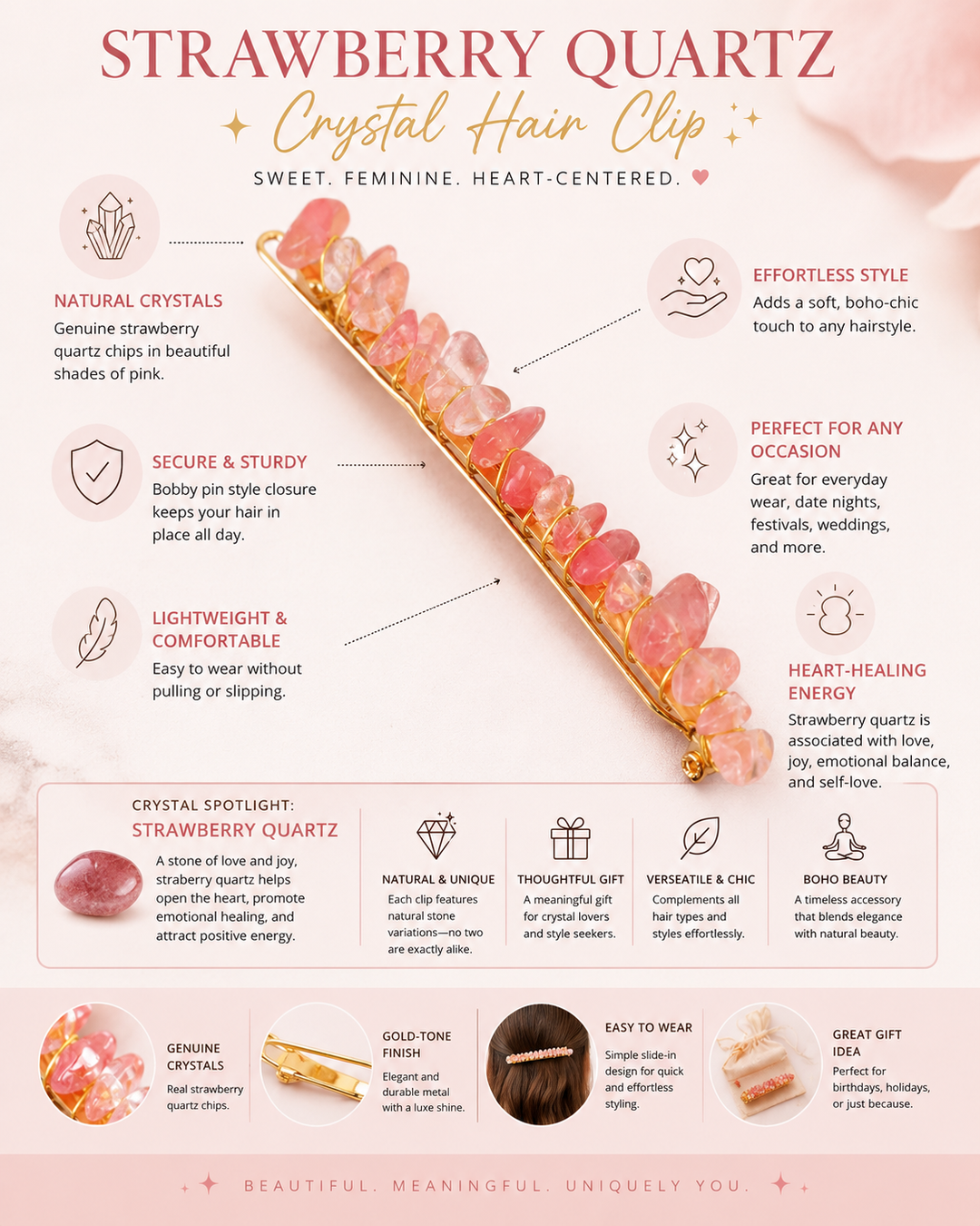 Strawberry Quartz Hair Clip